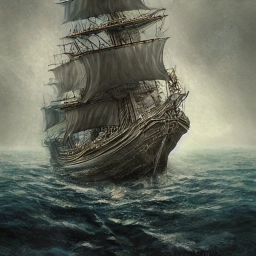 Digital illustration of a tall ship on the sea, masterpiece, Ultra Detailed, perspective, folklore, King Arthur, Lord of the Rings, Game of Thrones. fantasy concept art, cinematic lighting, cinematic composition, rule of thirds, Dark Fantasy, DeviantArt, Epic Composition, Fantasy, Magic, Sense of Awe, 3D, fantasy art, epic fantasy card game art, full art illustration, trending on Artstation, by Daniel Horne.