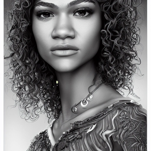 a portrait of Zendaya, fantasy, concept art, intricate, elegant, digital painting, artstation, highly detailed, award winning photography, hyper realistic, magazine cover photography, illustration, ambient lighting, 8k, Pencil Sketch