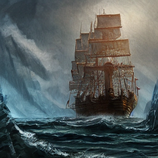 Digital illustration of a tall ship on the sea, masterpiece, Ultra Detailed, perspective, folklore, King Arthur, Lord of the Rings, Game of Thrones. fantasy concept art, cinematic lighting, cinematic composition, rule of thirds, Dark Fantasy, DeviantArt, Epic Composition, Fantasy, Magic, Sense of Awe, 3D, fantasy art, epic fantasy card game art, full art illustration, trending on Artstation, by Segrelles.