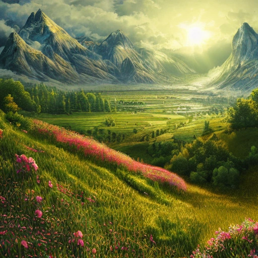 Digital illustration, detailed and intricate, of a meadows with mountains and valley. masterpiece, proportional, detailed, trending on artstation, beautiful lighting, realistic, intricate, 4k, highest quality.