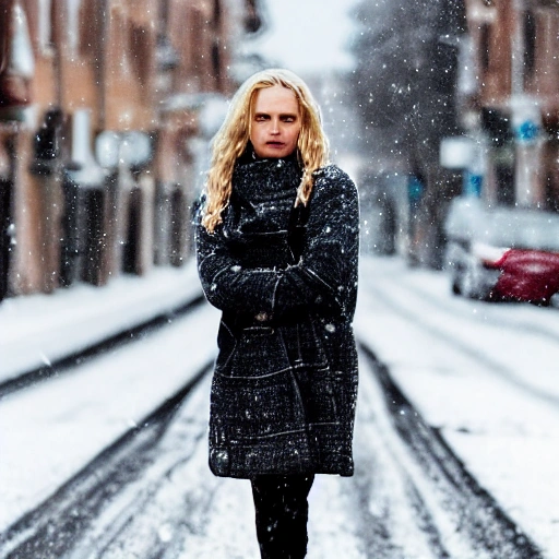 professional portrait photograph of a gorgeous Norwegian girl in winter clothing with long wavy blonde hair, ((sultry flirty look)), freckles, beautiful symmetrical face, cute natural makeup, wearing elegant winter fashion clothing, ((standing outside in snowy city street)), stunning modern urban upscale environment, ultra realistic, concept art, elegant, highly detailed, intricate, sharp focus, depth of field, f/1.8, 85mm, medium shot, mid shot, (centered image composition), (professionally color graded), ((bright soft diffused light)), volumetric fog, trending on instagram, trending on tumblr, hdr 4k, 8k