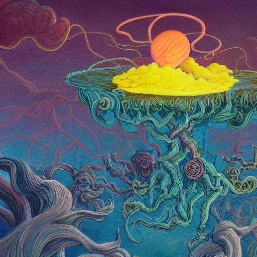 Cel shaded painting of a surreal dreamscape, featuring a giant floating brain with tendrils reaching out to a small city in the distance, surrounded by colorful, swirling clouds and detailed and intricate landscapes, as if it were a trippy, cinematic album cover, by popular artists Dave McKean and Aaron Horkey, 4k, clean, realistic face, realistic eyes, highest quality, realistic hands, trending on artstation, masterpiece