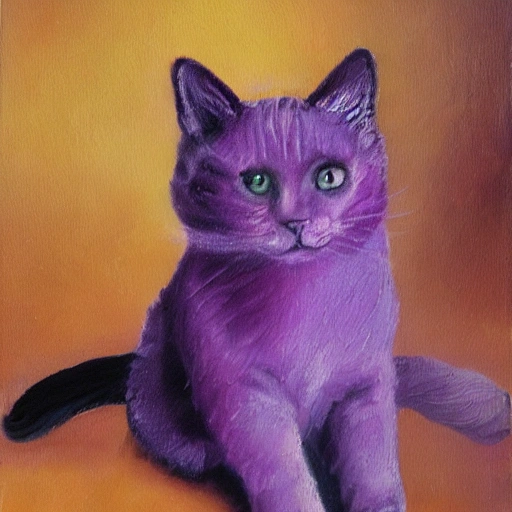 Purple cat with a violet in its paws, Oil Painting