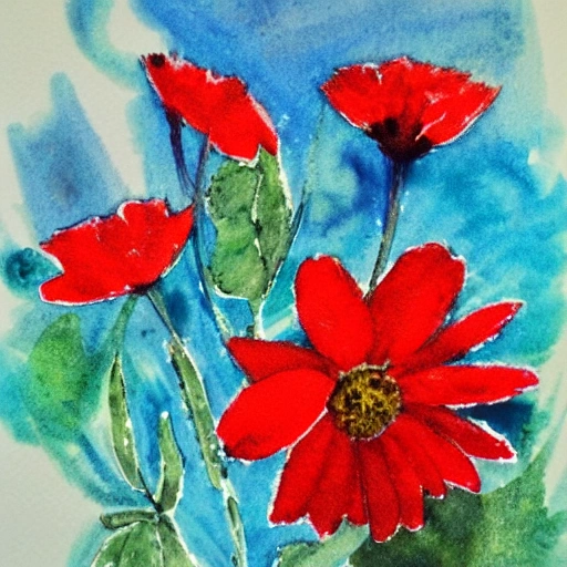 Red flowe, silver water, Water Color