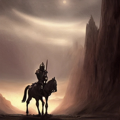 digital illustration of a Knight on horseback in a desert at dusk with raining, masterpiece, Ultra Detailed, perspective, folklore, King Arthur, Lord of the Rings, Game of Thrones. fantasy concept art, cinematic lighting, cinematic composition, rule of thirds , Dark Fantasy, DeviantArt, Epic Composition, Fantasy, Magic, Sense of Awe, 3D, fantasy art, epic fantasy card game art, full art illustration, trending on Artstation, by Keith Parkinson.