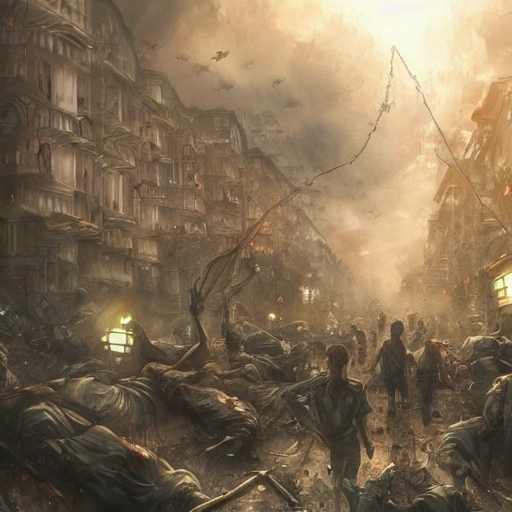 Award-winning, 4K digital painting in the style of Yoshitaka Amano. Detailed and intricate depiction of a zombie apocalypse, masterfully capturing the chaos and drama of the scene. Beautiful lighting and cinematic composition make this piece a true masterpiece, trending on artstation