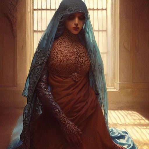 A perfect painting of an oppressed veiled woman, intricate, highly detailed, 3d, trending on artstation, intricate, elegant, highly detailed, digital painting, artstation, concept art, smooth, sharp focus, illustration, art by artgerm and greg rutkowski and alphonse mucha, 8k