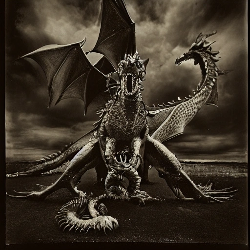 Prompt: Using the wet plate collodion process, create a detailed and intricate image of a giant, fire-breathing dragon swooping through a cityscape at night, with beautiful lighting illuminating its scales and the destruction it leaves in its wake. The scene should be cinematic, with proportional characters and realistic destruction. Inspired by the styles of Salvador Dali and Frida Kahlo