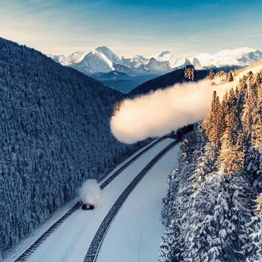 drone shot of snowy steep mountainside with a steam locomotive train winding along the rocky cliffs, spectacular mountain pass, swiss alps train, iconic railway, stunning environment, amazing view, dusk, mist, ultra realistic, dramatic lighting, highly detailed, intricate, volumetric lighting, dreamy magical atmosphere, vivid colours, photography, high resolution, 4k, 8k, digital art, ultra wide angle lens, aerial view, panoramic, wallpaper --ar 3:2 --v 4