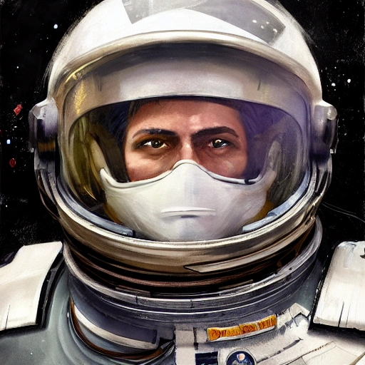 Professional painting of a space pilot in white parade uniform with medals, by Jeremy Mann, Rutkowski and other Artstation illustrators, intricate details, face, portrait, headshot, illustration, UHD, 4K