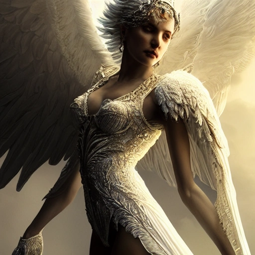 hyper detailed ultra sharp full length of a beautiful white angel with fiery wings in a dramatic pose, perfect face, intricate details, 8 k, hd, cinematic, volumetric light, proportional, art by greg rutkowski & artgerm & wlop, trending on artstation, sharp focus, studio photo, intricate details, highly detailed, by greg rutkowski