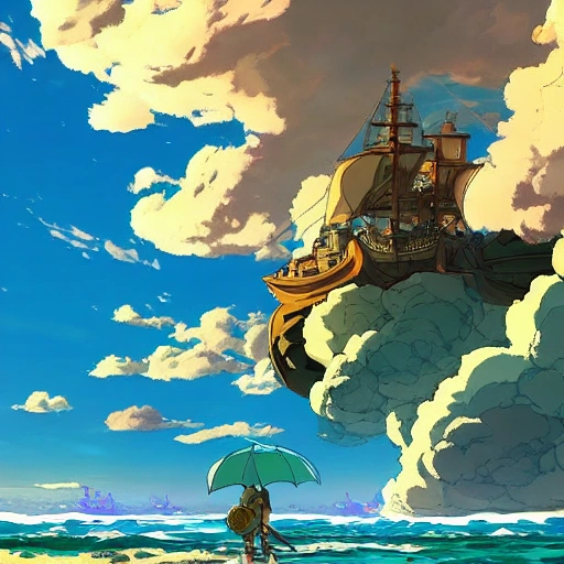 tide with the ocean and sea, clouds by Miyazaki Nausicaa Ghibli, breath of the wild style, epic composition, Trippy