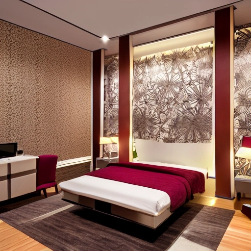 A room with futuristic furniture,  wallpaper on the walls, highly detailed, high definition, sharp focus,