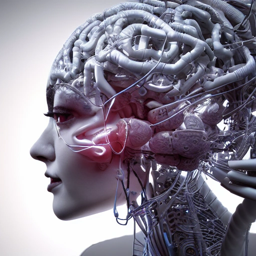 complex 3d render ultra detailed of a beautiful porcelain human brain, cyborg, robotic parts, 150 mm, beautiful studio soft light, rim light, vibrant details, luxurious cyberpunk, lace, hyperrealistic, cable electric wires, microchip, elegant, beautiful background, octane render, H. R. Giger style, 8k