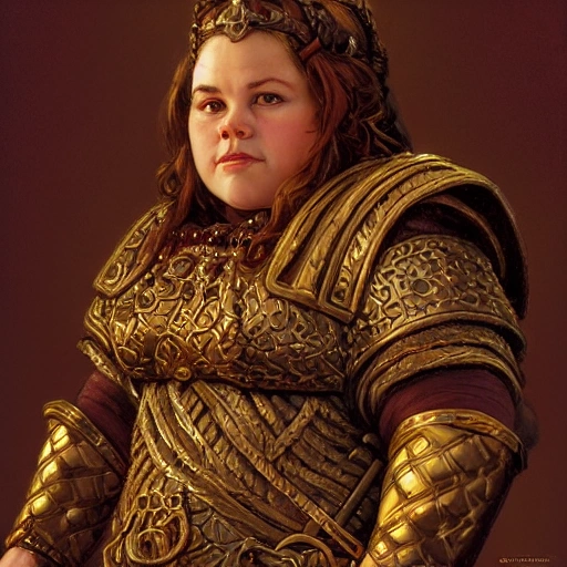 Portrait, chubby female dwarf queen, heavy bronze ornate dwarven breastplate, elaborate braided hair, Regal and Proud robust woman, style by Donato giancola, craig mullins, jeff easley dramatic light, high detail, cinematic lighting, artstation, dungeons and dragons, at the throne room.