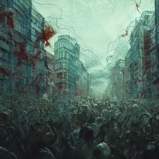 Award-winning, 4K digital painting in the style of Yoshitaka Amano. Detailed and intricate depiction of a zombie apocalypse, masterfully capturing the chaos and drama of the scene. Beautiful lighting and cinematic composition make this piece a true masterpiece, trending on artstation