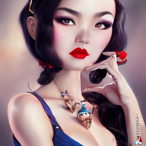 a pin up and beautiful fashion and charming and dreamlke asian girl with lv jewelry, medium shot, art by artgerm & ross tran & wlop, hyperdetailed, 8 k realistic, symmetrical, frostbite 3 engine, cryengine, dof, trending on artstation, digital art 