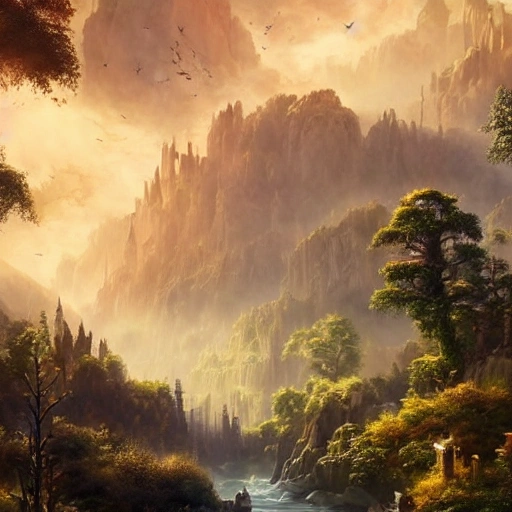 Beautiful happy picturesque charming sci-fi city in harmony with nature. Beautiful light. highly detailed epic oil painting, Nice colour scheme, soft warm colour. , lush valley, beautiful trees, Beautiful detailed by Lurid. (2022), epic scale, insanely complex, 8 k, sharp focus, 