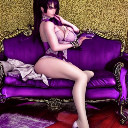 Woman sitting on purple sofa, fantasy art, voluptuous Tifa Lockhart, wearing lace, hd 4k high detail, black hair updo, finely rendered, {masterpiece}, {best quality}, {1girl}, amazing, beautiful detail eye, fine detail, depth of field, very detailed CG, original, very detailed wallpaper,