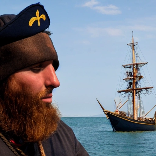 A sailor looks into the distance from a medieval sailing ship.