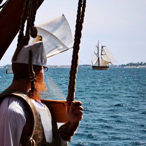 A sailor looks into the distance from a medieval sailing ship.