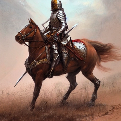 Eye level view of a Knight on horseback in a desert at noon while raining, masterpiece, Ultra Detailed, concept art by Ralph Horsley.