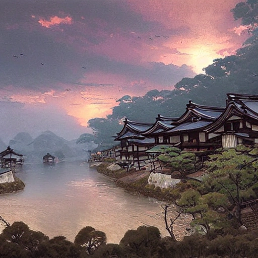 Eye level view of a Japanese village at dusk while overcast, masterpiece, Ultra Detailed, environment concept art by James Ryman.