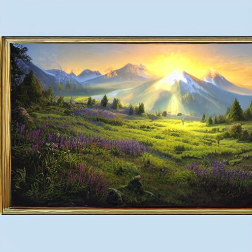 Eye level view of a mountain meadow at dawn while sunny, masterpiece, Ultra Detailed, environment concept art by Jeff Easley.