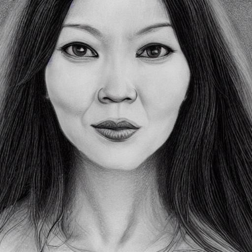 Detailed realistic close-up drawing of a beautiful woman in her forties, with long black hair, nude and wearing a necklace with an indalo.