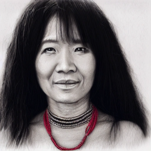 Detailed realistic close-up drawing of a beautiful woman in her forties, with long black hair, nude and wearing a necklace with an indalo.