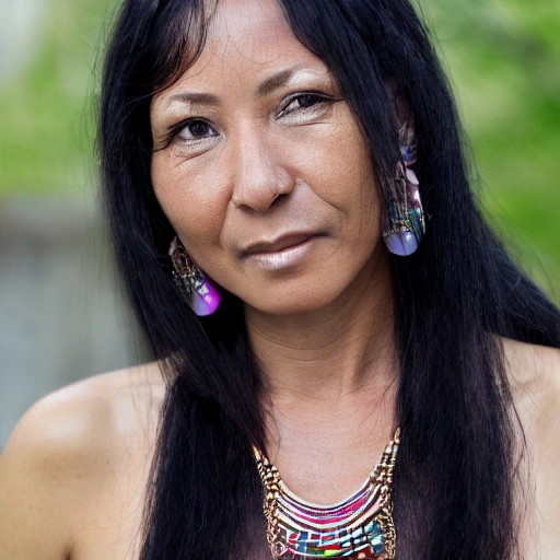 realistic and detailed close-up color photograph of a beautiful woman in her forties, with long black hair, nude and wearing a necklace with an indalo.