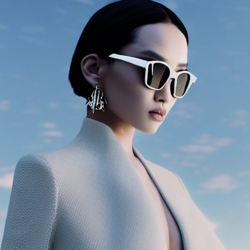 mdjrny-v4 style, ultra realistic, cinematic lighting, unreal engine, ultra detailed, , beautiful asian girl wearing outsized dior chanel sunglasses, shot by wayne barlowe anf james jean and syd mead