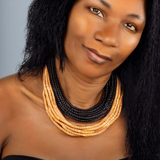 realistic and detailed close-up color photograph of a beautiful black woman in her forties, with long black hair, nude and wearing a necklace with an indalo.