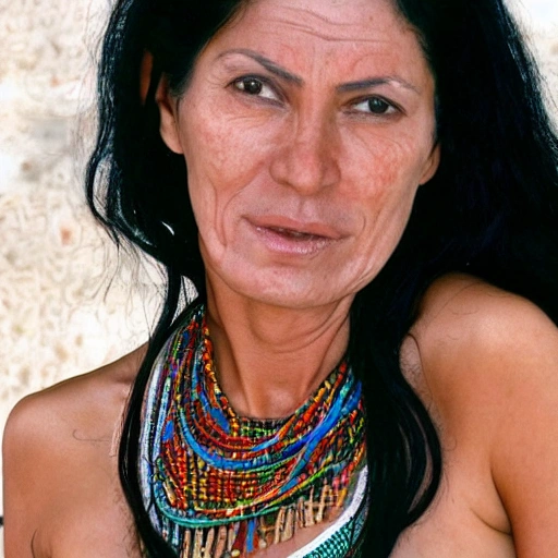 realistic and detailed close-up color photograph of a beautiful spanish  woman in her forties, with long black hair, nude and wearing a necklace with an indalo.