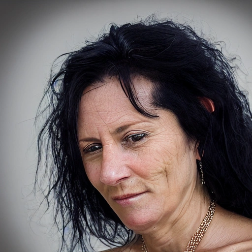 realistic and detailed close-up color photograph of a beautiful french  woman in her forties, with long black hair, nude and wearing a necklace with an indalo.