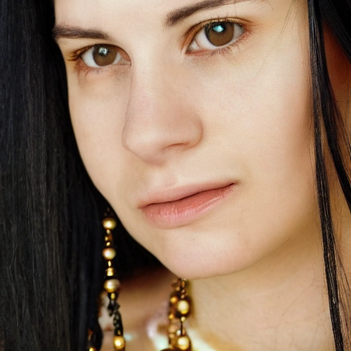 realistic and detailed close-up color photograph of a beautiful french  woman in her twenties, with long black hair, nude and wearing a necklace with an indalo.