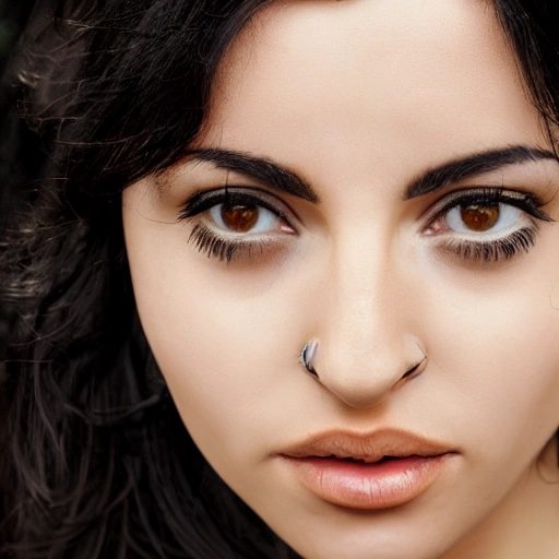 realistic and detailed close-up color photograph of a beautiful spanish  woman in her twenties, with long black hair, nude and wearing a necklace with an indalo.