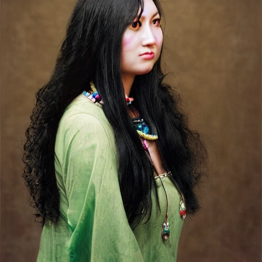 realistic and detailed half-body color photograph of a beautiful young woman, with long black hair, wearing a necklace with an indalo.