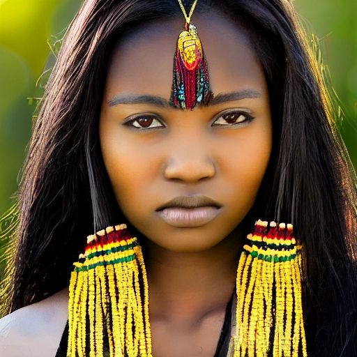 realistic and detailed half-body color photograph of a beautiful young woman, with long black hair, wearing a necklace with an indalo.