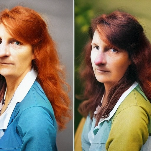 realistic and detailed color photograph showing the same woman twice, once in her twenties and once in her forties.