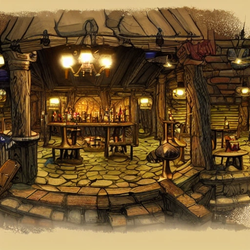 Eye level view of a RPG Tavern at night while overcast, masterpiece, Ultra Detailed, environment concept art by Tony DiTerlizzi.