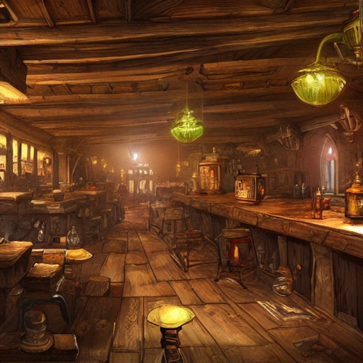 Eye level view of a RPG Tavern interior at noon while sunny, masterpiece, Ultra Detailed, environment concept art by Keith Parkinson.