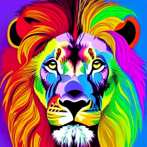 digital art of a lion looking slightly to the left with bright colors, Trippy