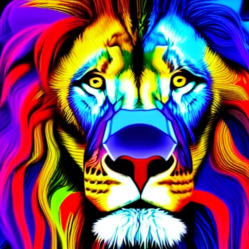 digital art of a lion looking slightly to the left with bright colors, Trippy, 3D