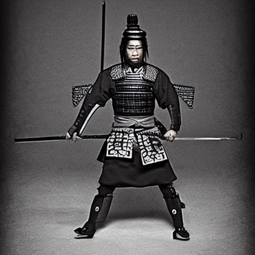 Visualize a powerful samurai in the midst of an important historical moment, displaying their skill and bravery as they make a decisive move that will change the course of history