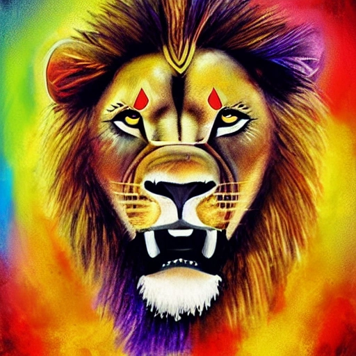 Visualize a powerful lion in the midst of an important historical moment with bright colors.