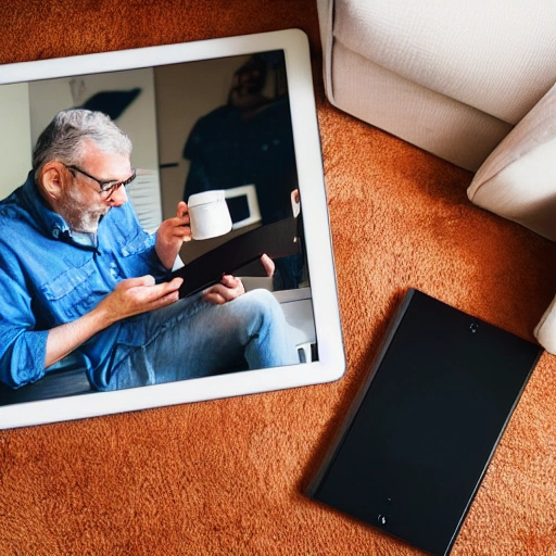 father showing his dad the dangers of identity theft on ipad sitting in living room sofa with coffee and magazines on the table 