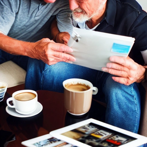 father showing his dad the dangers of identity theft on ipad sitting in living room sofa with coffee and magazines on the table 