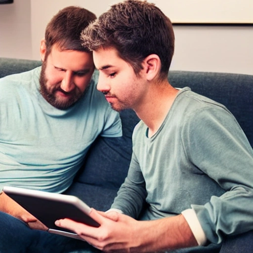 son showing his dad the dangers of identity theft on ipad sitting in living room sofa with coffee and magazines on the table 