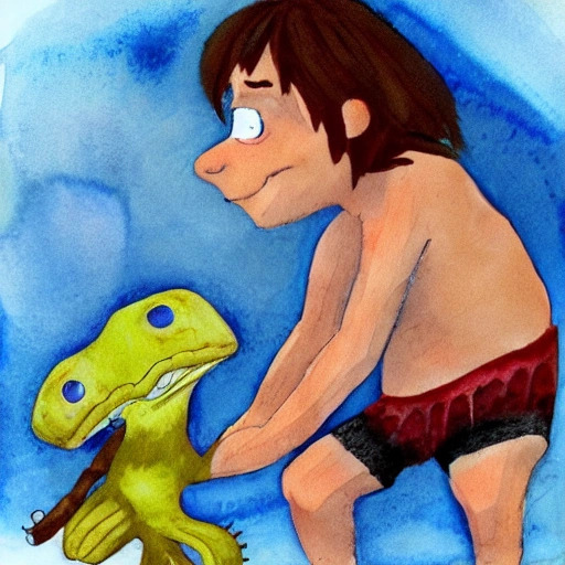 little prehistoric boy with a little mammoth style pixar, Water Color